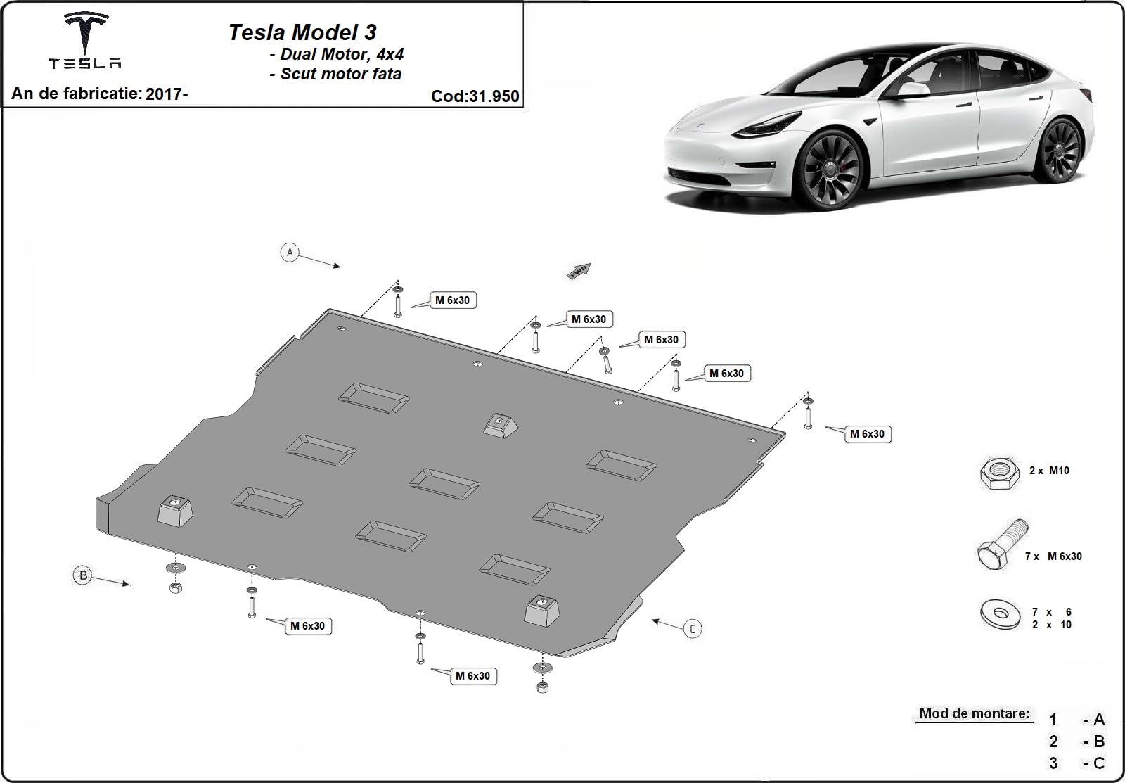 Protección metálica bajo motor eléctrico delantero compatible con Tesla Model 3 AWD - (2017-2025)