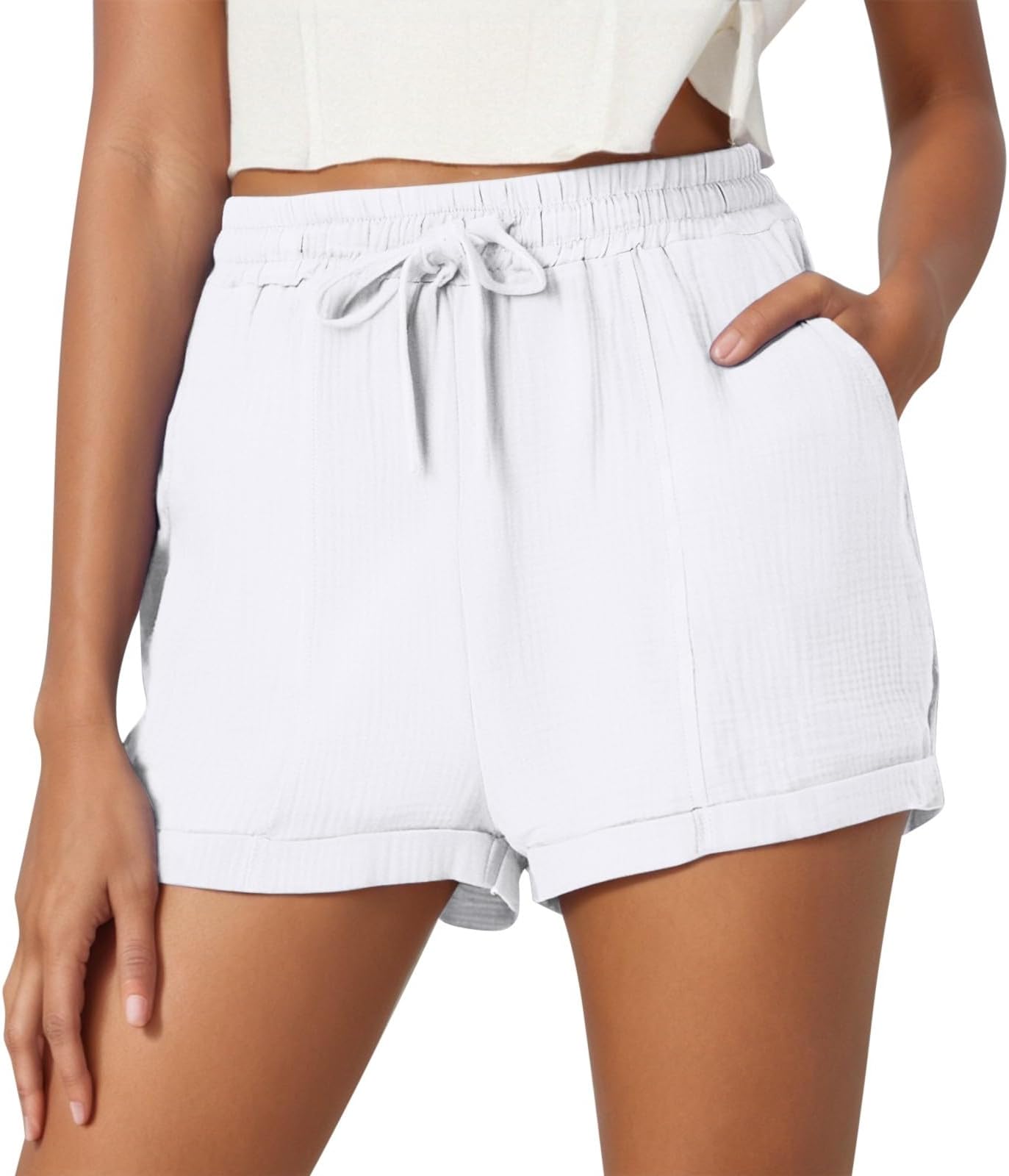 Linen Shorts Women Ladies Solid Colour Drawstring with Pockets Elastic Waist Loose Casual Pants Summer Clothes Beach Walking Pants for Women UK Solid Color Casual Ladies Shorts with Pockets