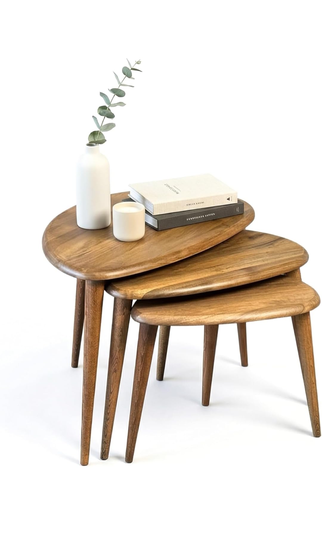 Ingrain Designs Solid Nesting Table Walnut Mid Century Pebble Tables with Tapered Legs Wooden Home Furniture in a Retro Style Decorative in Living Room & Garden-image-0