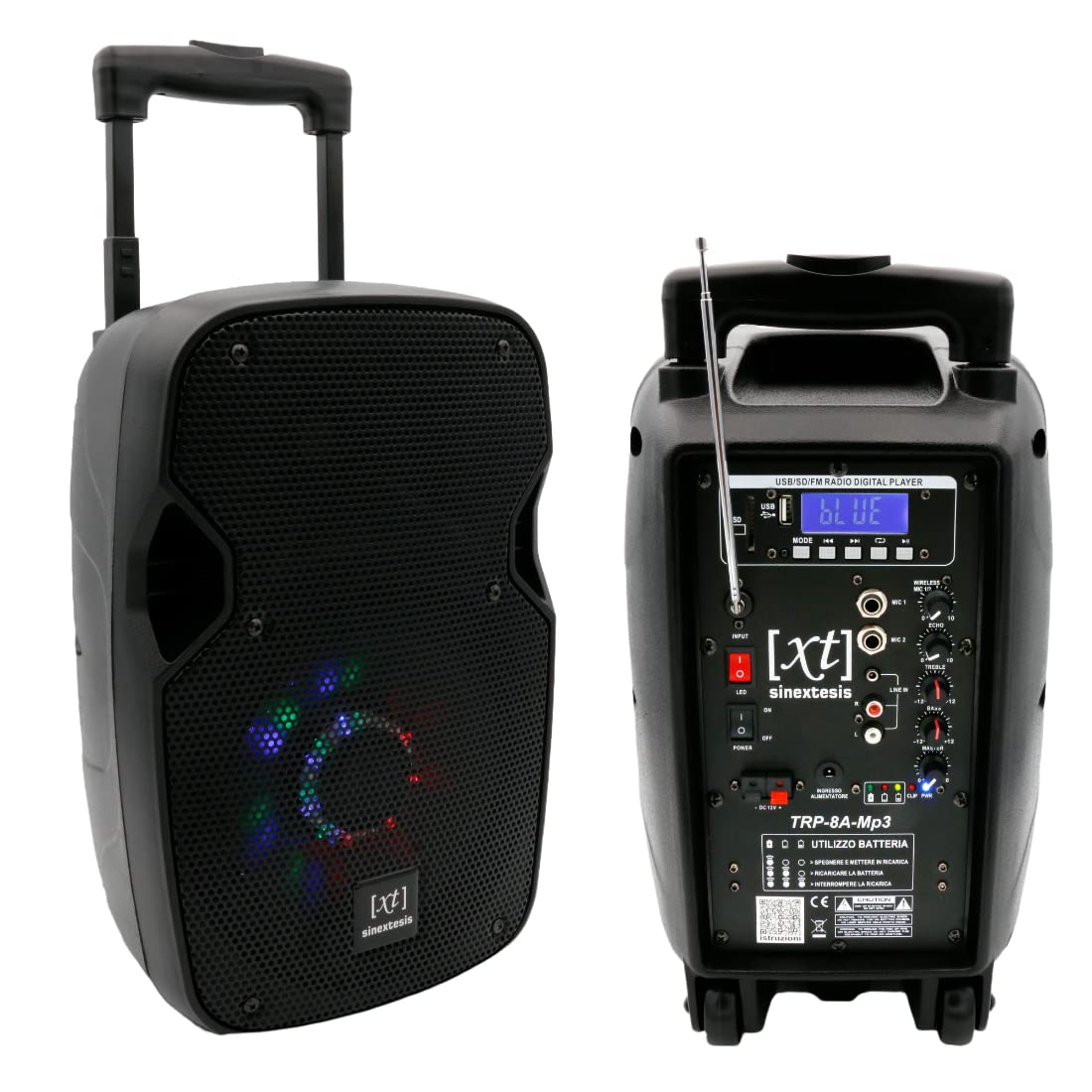 Diffusore 8" Trolley Attivo Cassa Portatile Ricaricabile MP3, BlueTooth, USB, SD Card, Radio FM, 200W musicali con Radiomicrofono e illuminazione LED