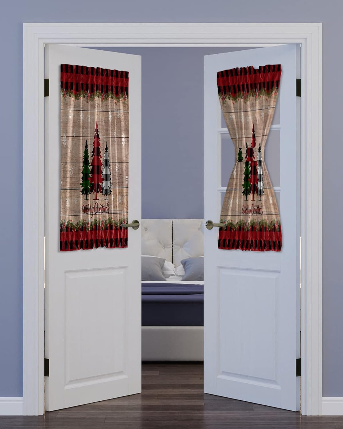 SEVENBABU Door Curtains Thermal Insulated Blackout Door Drapes with Curtain Tie Up, Buffalo Check Pine Tree Merry Christmas Rustic Wood Door Curtain for Bedroom Window/Living Room/Doorways 54x40inch