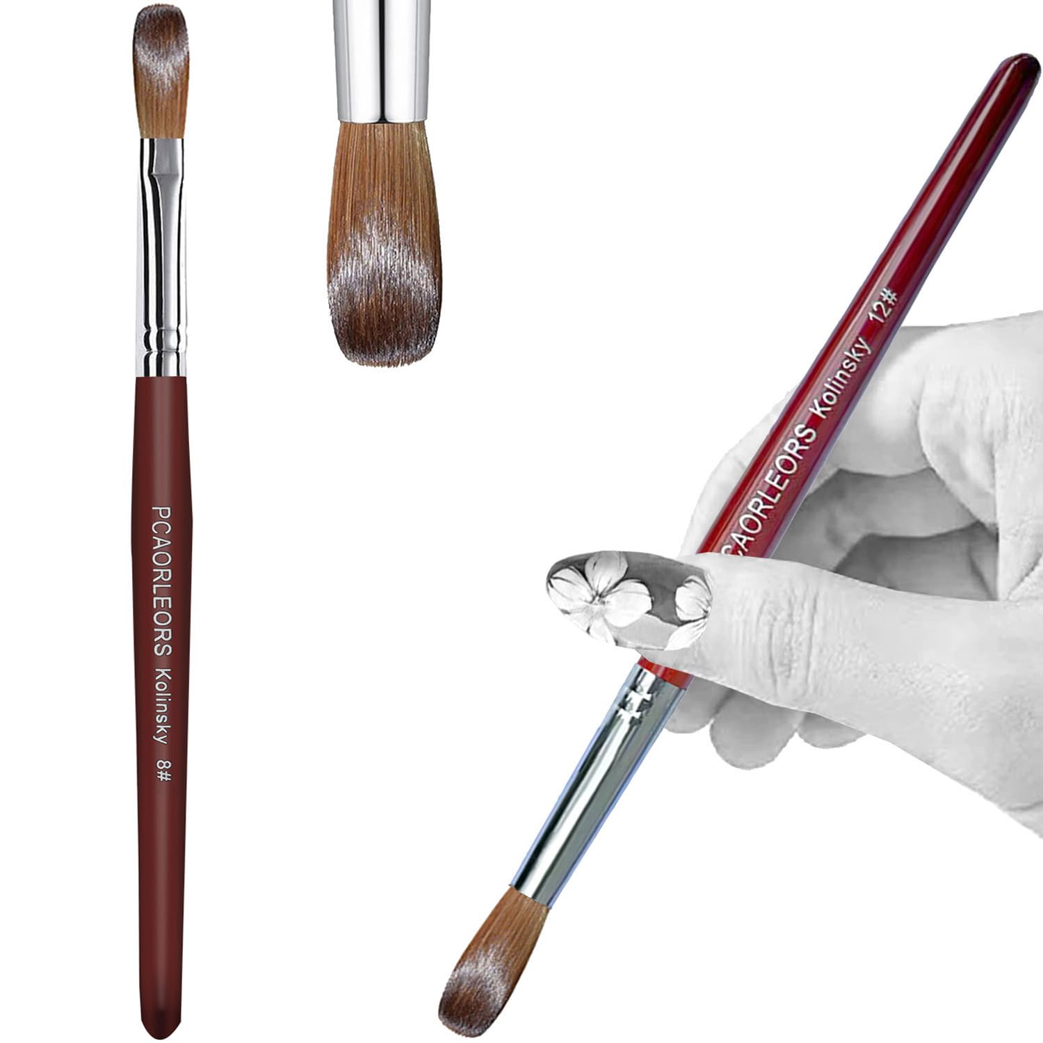 PCAORLEORS Pincel de uñas de acrílico con pelo de marta Kolinsky y mano de madera roja, pincel de gel redondo profesional para aplicar acrílico, tamaño 8,10,12 (#8)