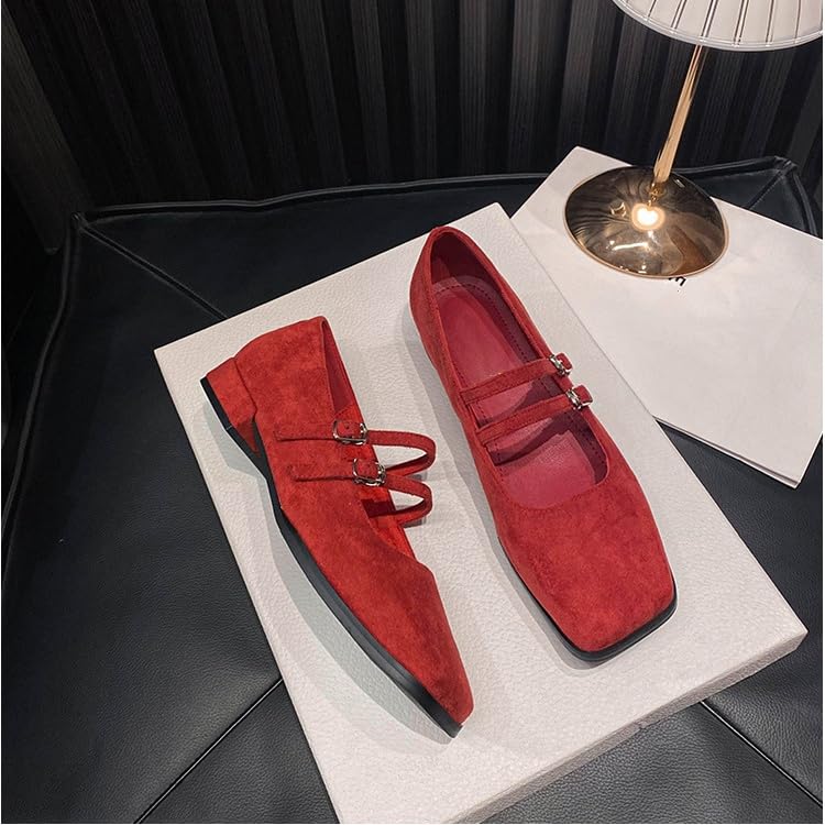 Square Toe Mary Jane Flats for Women Suede Ballet Flats with Strap Slip On Casual Retro Mary Janes Shoes Dressy3
