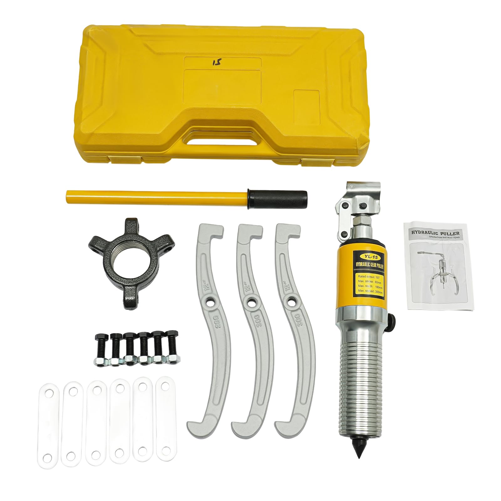 Juego de extractores hidráulicos de 15T con 3 garras – Extractor manual de engranajes para rodamientos, ejes y poleas, máxima envergadura de 300mm, en maletín de herramientas (automoción e industria)