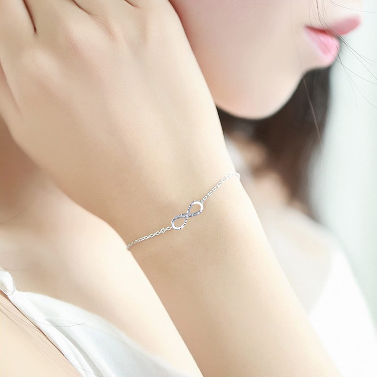 Bo Win Bracelet En Argent 925 Infinity Avec Zircone Cubique - Bracelet Réglable 15cm+4cm Pour Femme Et Fille