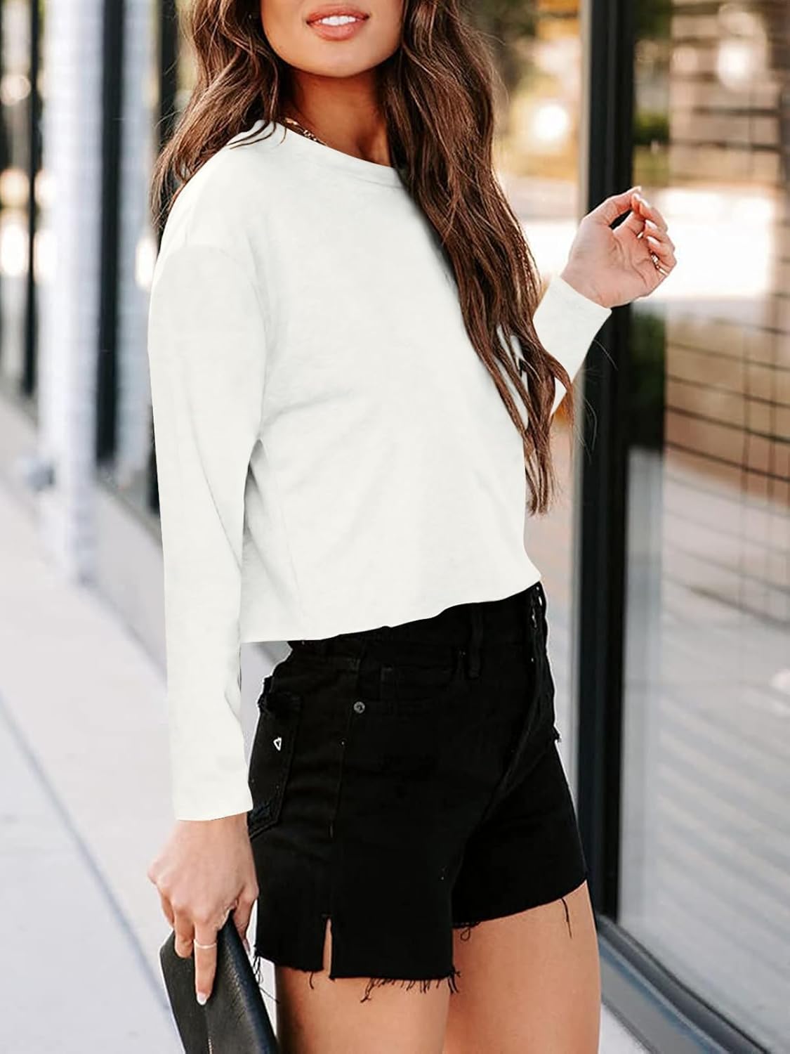 Tankaneo Women Long Sleeve Crop Tops Loose Crew Neck Cropped T-Shirts Drop Shoulder Casual Basic Tees L-Blue - Image 2