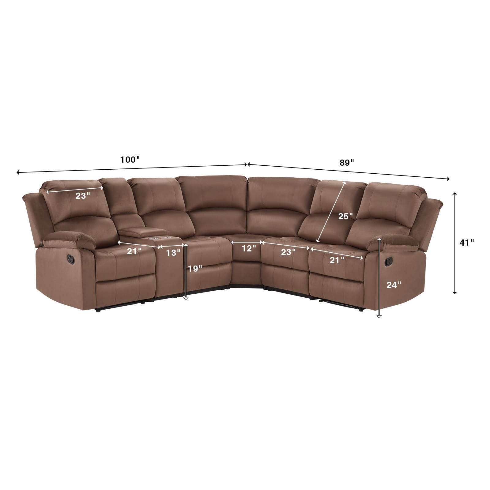 EBELLO Manual Reclining L-Shaped Sectional Sofa Set, Soft Microfiber Recliner Corner Couch with Center Console, Cup Holders and Storage, Recliner Sectional Couches for Living Room, Brown view 2