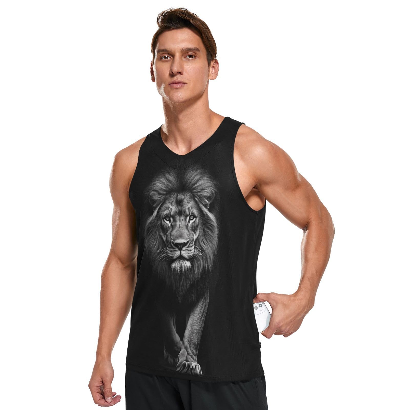 JHKKU Men's Quick Dry Sports Tank Tops for Gym Athletic Fitness Running Workout Beach Sleeveless Shirts with Pocket, Lion 01, XL