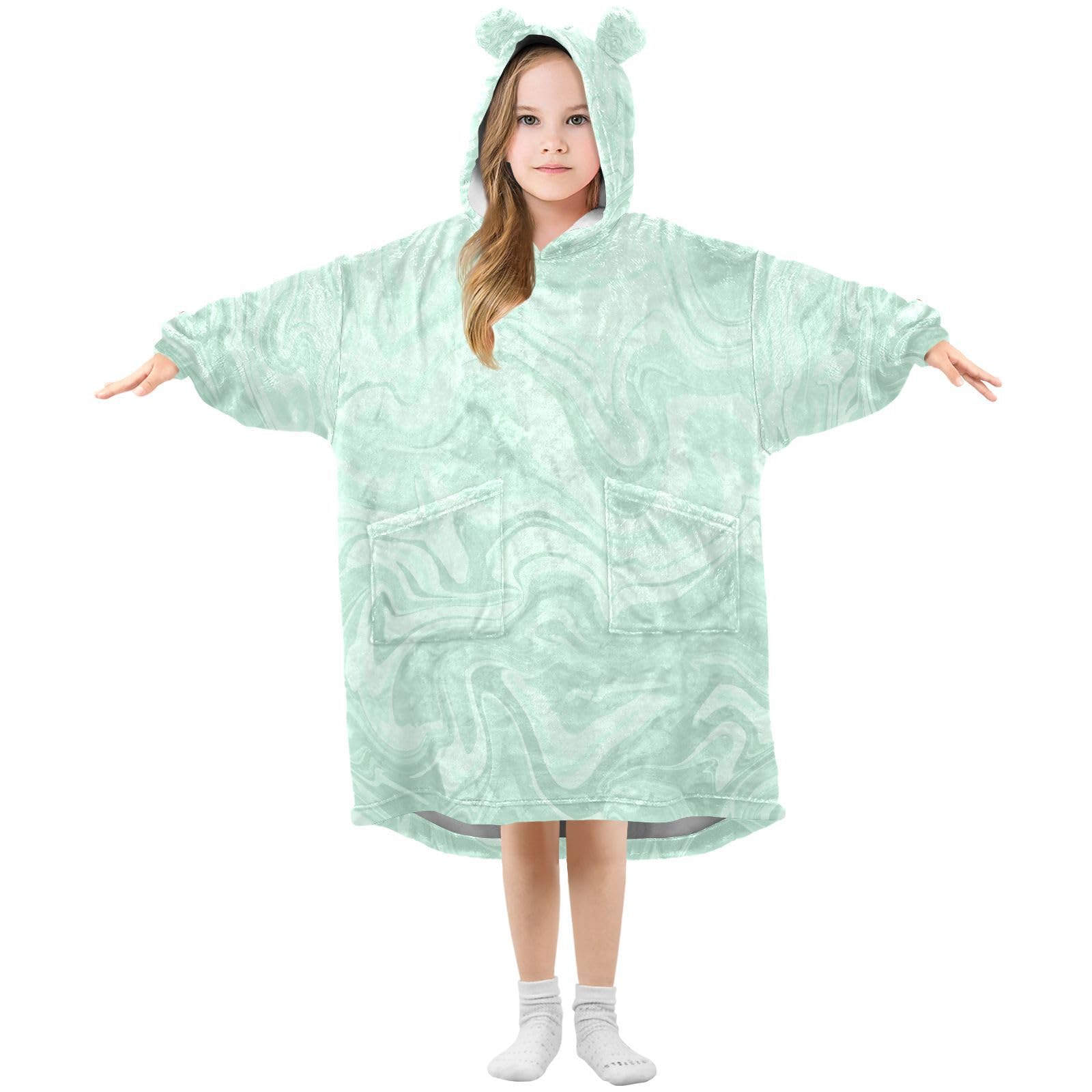 Ewusp Abstract Marble Mint Green Wearable Blanket Hoodie for Kids Oversized Hooded Sweatshirt Flannel Blanket with Pocket
