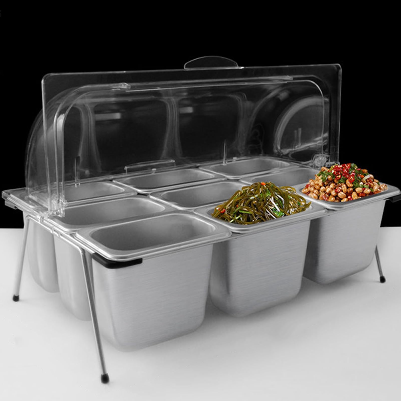 WDSOPK 9 Pan Stainless Steel Food Serving Container with Clear Lid Countertop Spice Rack & Pantry for Sauces Jams and Buffet Displays