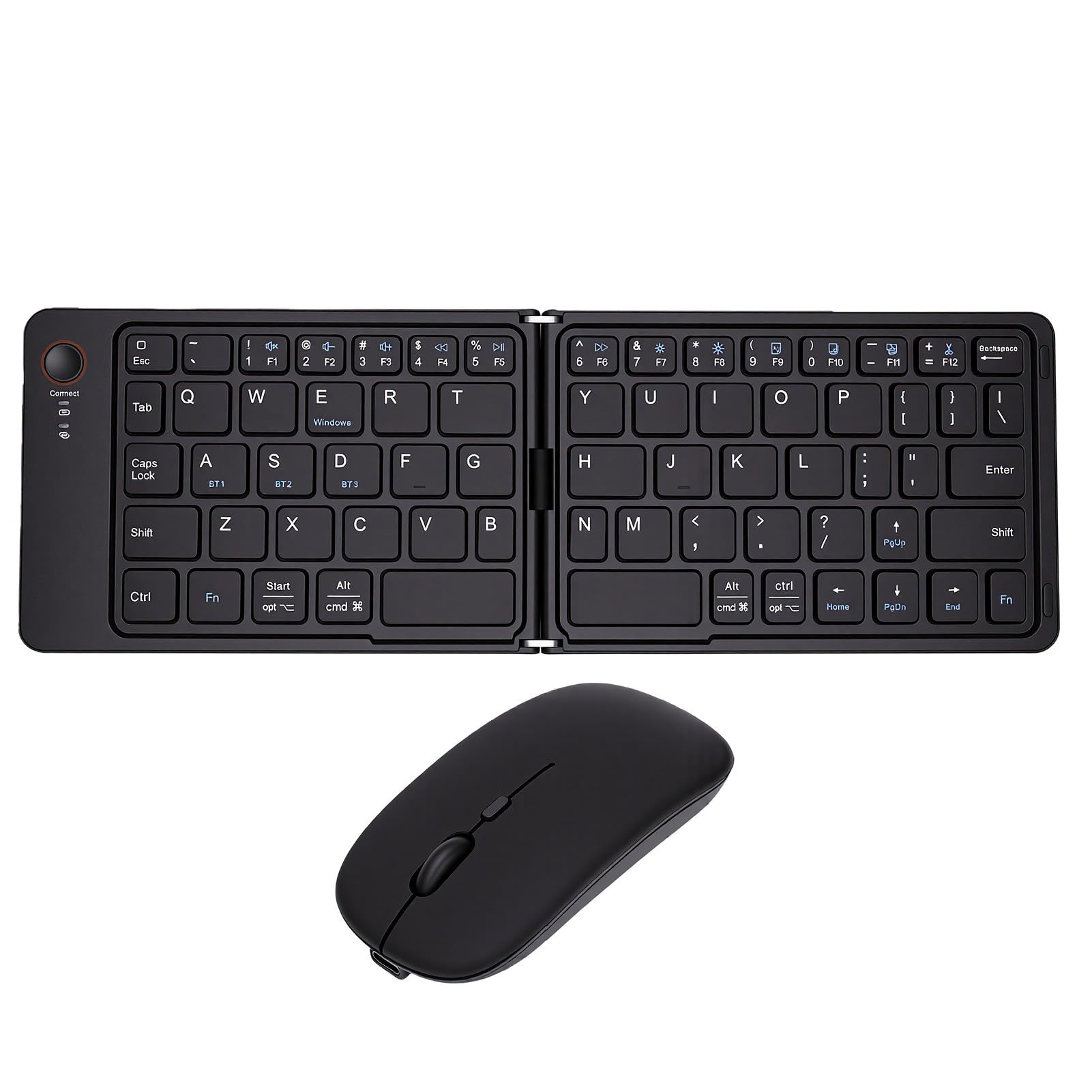 Teclado y Ratón Bluetooth Plegable, Combinación Silenciosa Compacta de Viaje con Recargable Tipo C, para Portátil Tablet PC Teléfono (Black)
