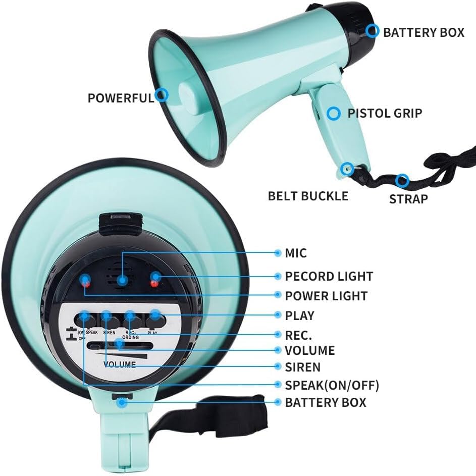 POCHY Moda Megáfono Megáfonos para Exteriores con Sirena incorporada Megáfono de Mano 25W Altavoz de megáfono de Alta Potencia Grabación Altavoz megáfono portátil Bonito