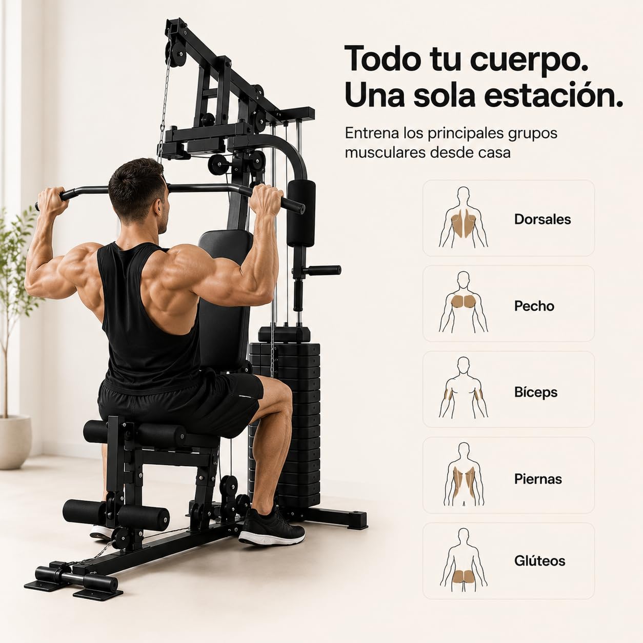 Estación musculación multifunción poleas 132 × 95 × 202 cm – Jalón Pecho, Press Pecho, PEC Fly, Curl bíceps predicador, extensión piernas, polea Baja, Gimnasio casa
