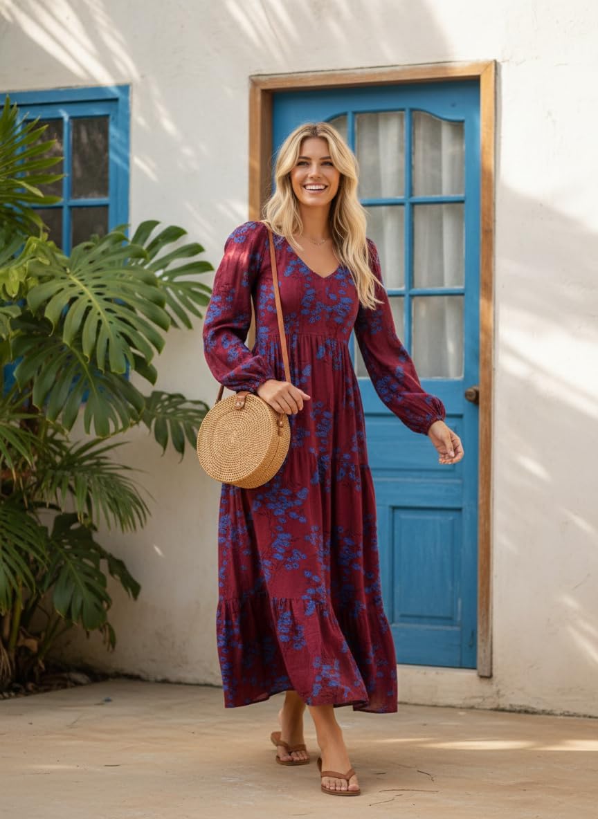 Womens Boho Floral Maxi Dress Long Sleeve V Neck Empire Waist Tiered Long Dresses Spring Wedding Guest Dress - Image 2