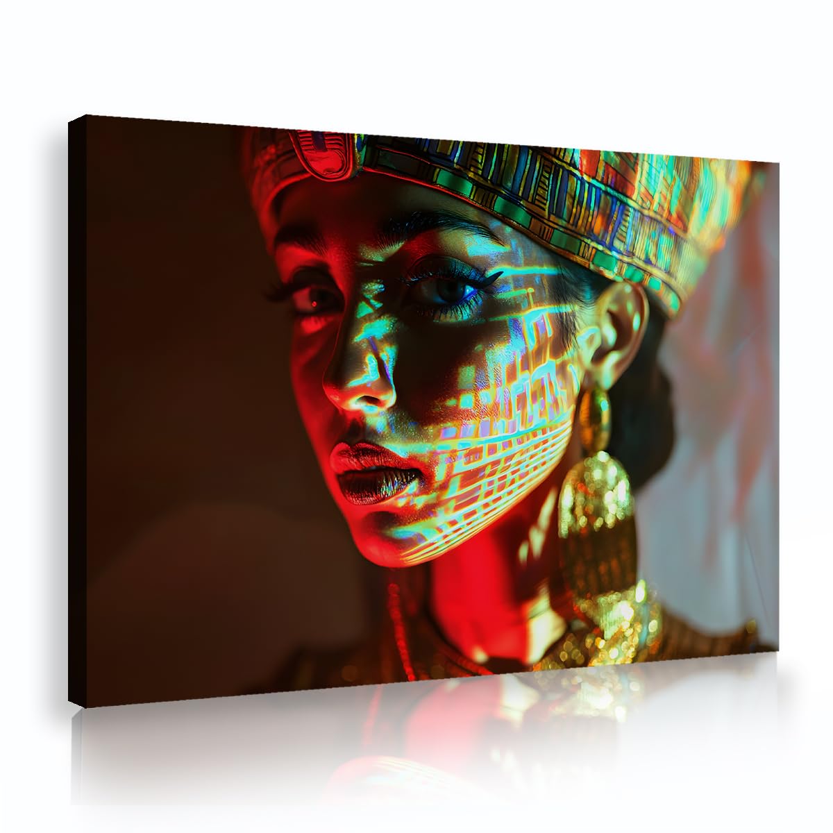 TOANGWALL Ancient Egyptian Theme Framed Canvas Artwork Modern African Woman Portrait Picture Neon Light Abstract Culture Poster for Living Room Office Decor 70x100cm