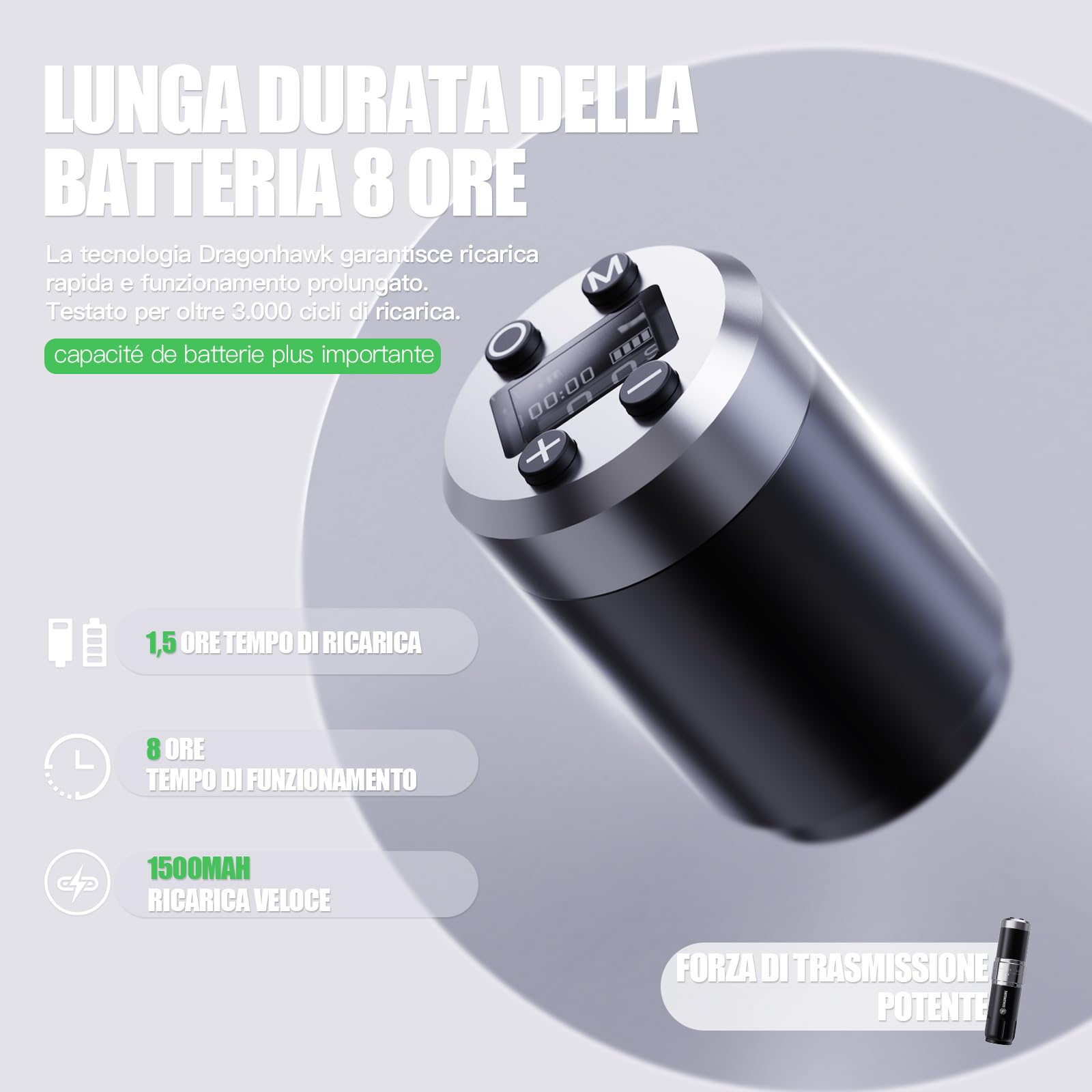 Dragonhawk Penna senza fili rotante Tattoo Machine 2 Batteria 1500mAh 7 Stroke Regolabile 2.4mm-4.2mm Lunghezza Schermo Display LED, adatto per principianti