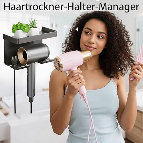 GARNELRHUN Fönhalter Ohne Bohren-Föhn Halterung mit Kabelhalter und Aufbewahrung Kohlenstoffstahl Selbstklebend Haartrocknerhalter,Wand Föhnhalterung Bad Ohne Bohren für Meisten Haartrockner（Schwarz）