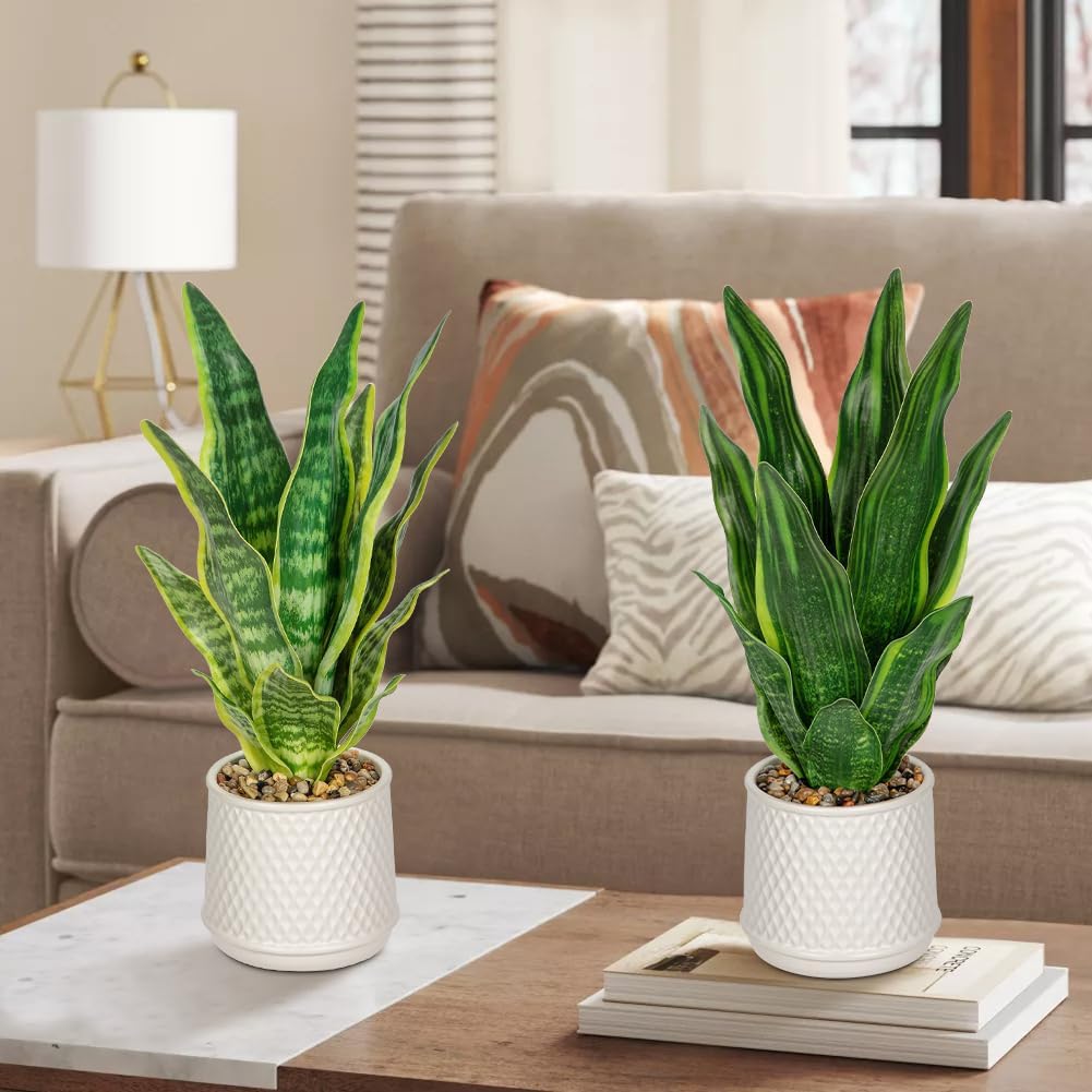 DILATATA Artificial Snake Plant 17 Inch Faux Snake Plant in Ceramic Pot with Sandstone Gravel, Fake Green Indoor House Plant for Modern Home Decor, Window, Shelf - Mother in Law Tongue Plant - Green