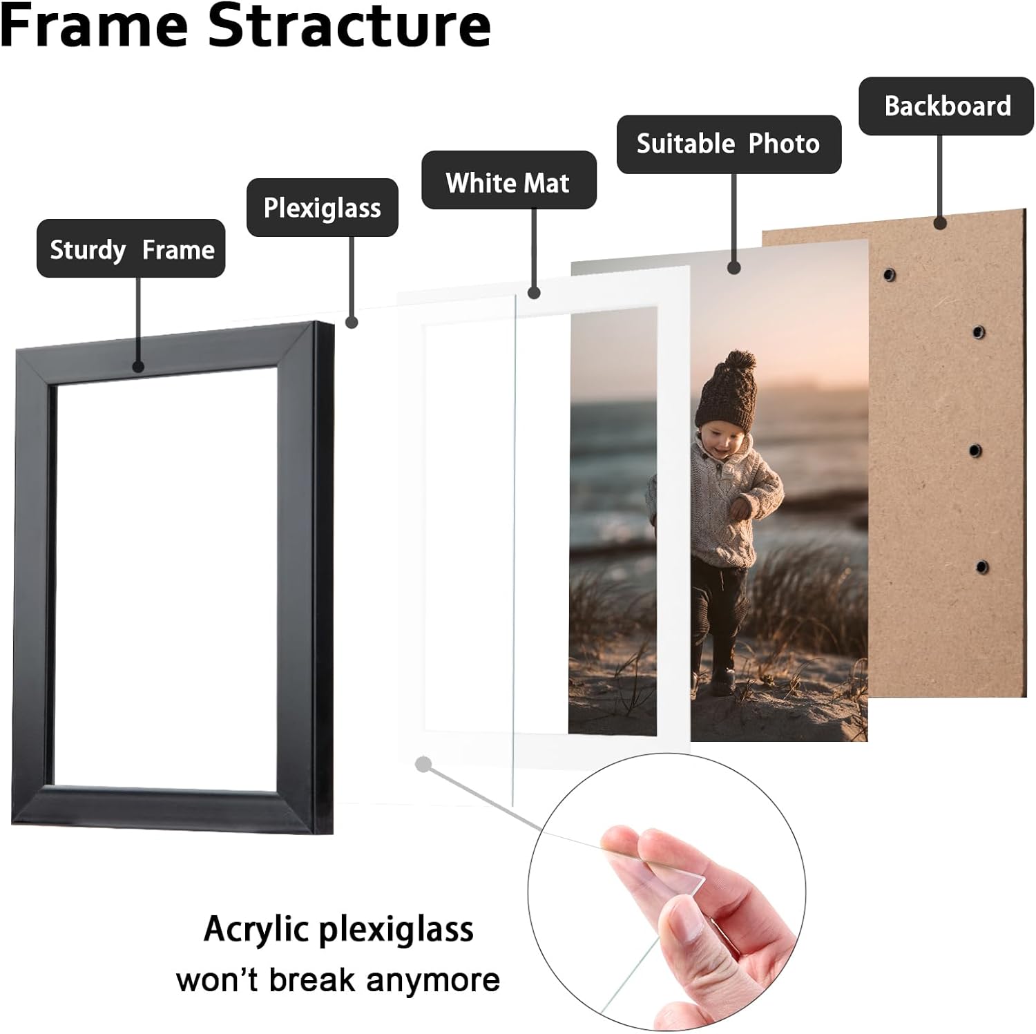 KINLINK 5x7 Picture Frame Black Set of 4, Wooden Photo Frames Matted 4x6 with Plexiglass for 4x6 with Mat or 5x7 without Mat for Table and Wall Display - Image 2