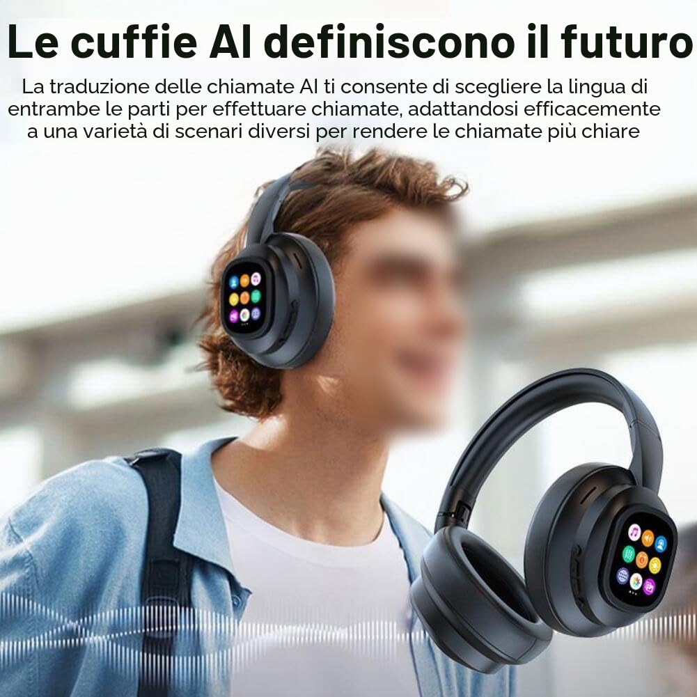 Cuffie over-ear, traduzione AI Wireless Cuffie in tempo reale, 169 lingue, con touch screen LCD staccabile, 46 ore di riproduzione per viaggi, riunioni, studio