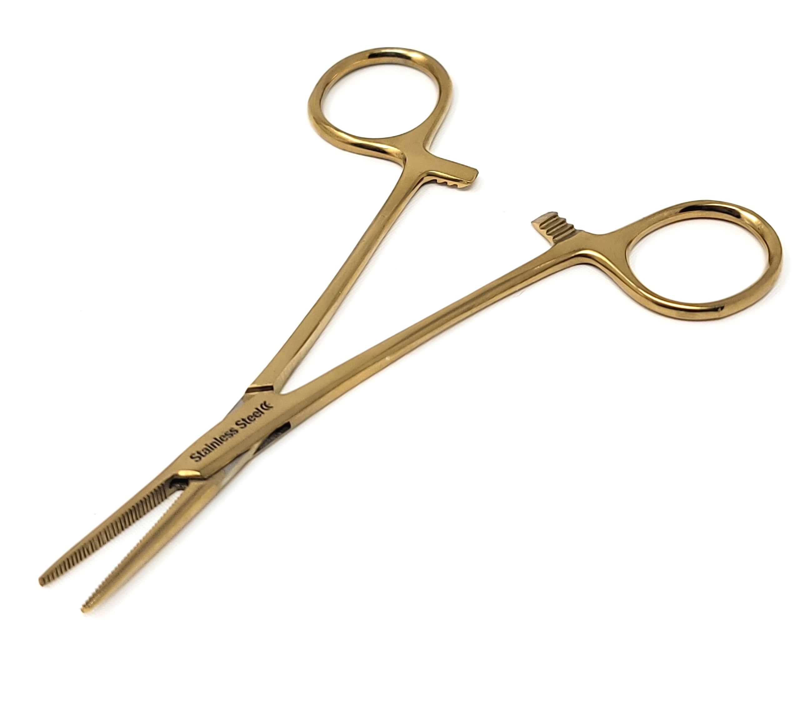 Mosquito Hemostat Locking Forceps 5" Straight with Full Serrated Jaws Ideal for Clamping, Fishing, Firefighters Nurses Doctors + More (Full Gold)