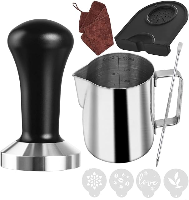 51mm Coffee Tamper Set Coffee Press for Portafilter Machine Espresso Tamper with Tamper Mat, Milk Jug (350 ml), Barista Towel, Latte Art Pen and Decorative Stencils