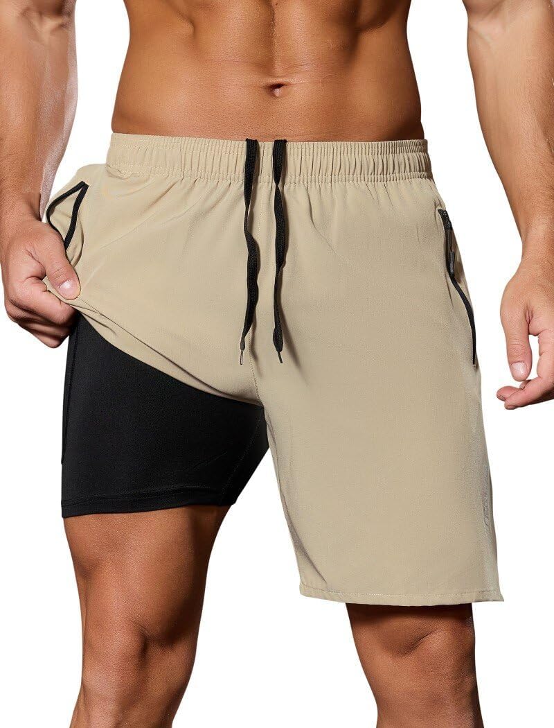 SILKWORLD Quick Dry Men's 2 in 1 Running Shorts with Zip Pocket 7" Workout Gym Athletic Shorts Lightweight Training Shorts