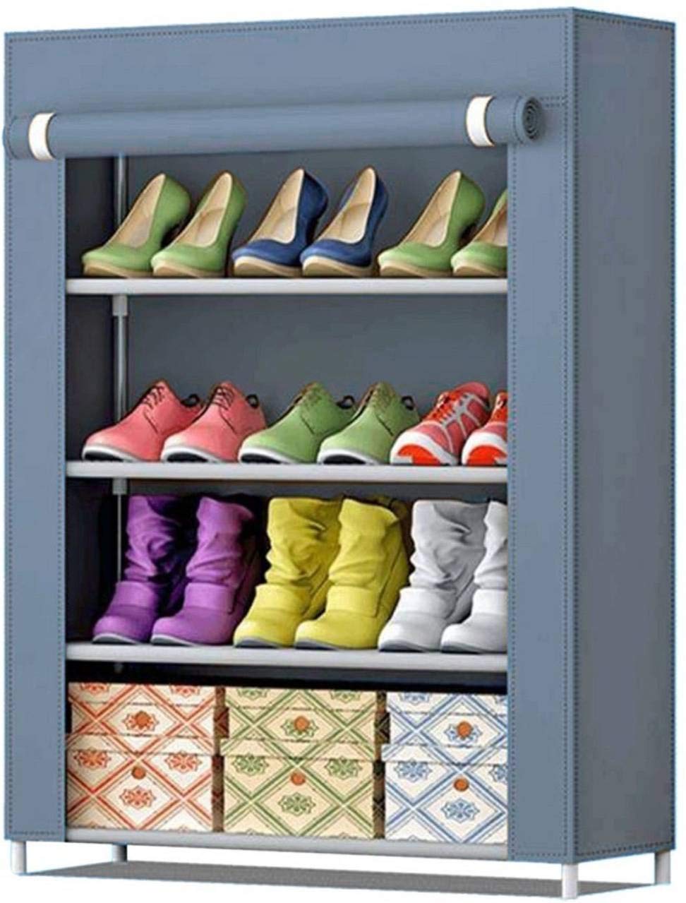 Zemic Multipurpose Portable Folding Shoes Rack 4 Tiers Multi-Purpose Shoe Storage Organizer Cabinet Tower with Iron and Nonwoven Fabric with Zippered Dustproof Cover (Grey)