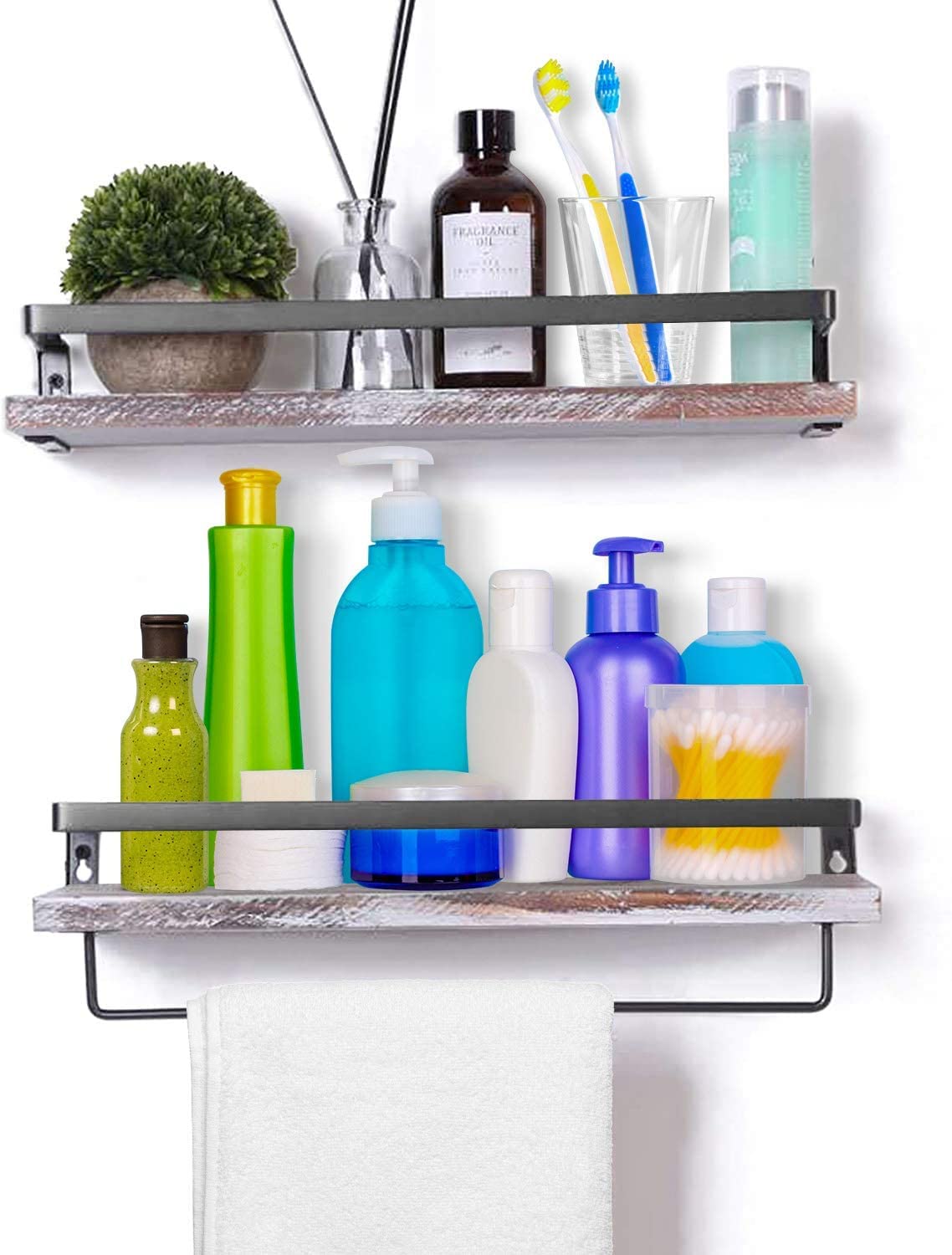 Mensola sospesa da parete in legno, con portasciugamani, rustica, ideale per soggiorno, camera da letto, corridoio, bagno, 2 pezzi (bianco lavato)