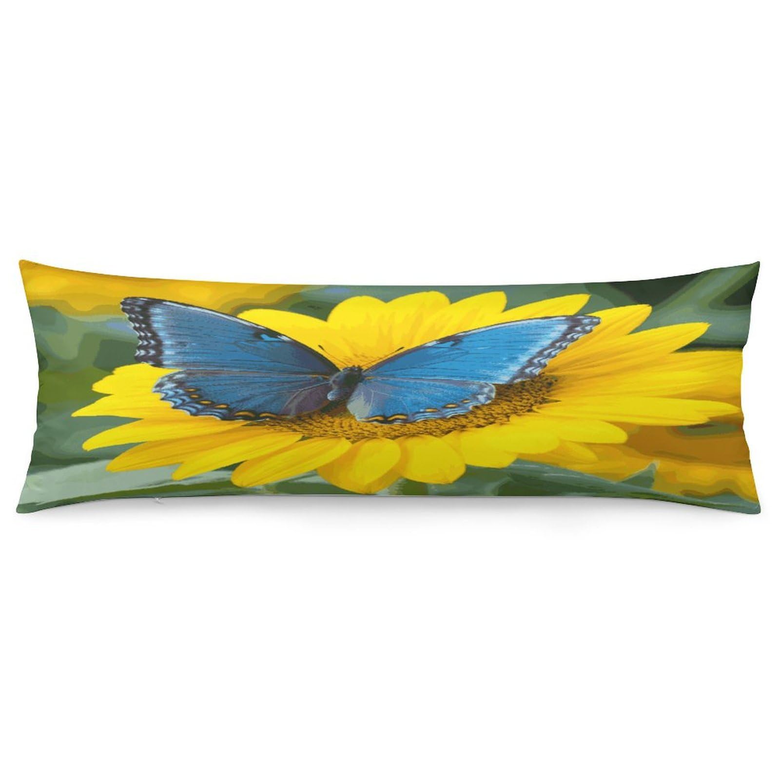 Sunflower Blue Butterfly Throw Pillow Covers with Silent Zipper Polyester Pillow Protectors Removable Pillow Cases Soft Pillowcase Cozy Pillow Sham Cushion Cover for Sofa Car Bed 20"x54"