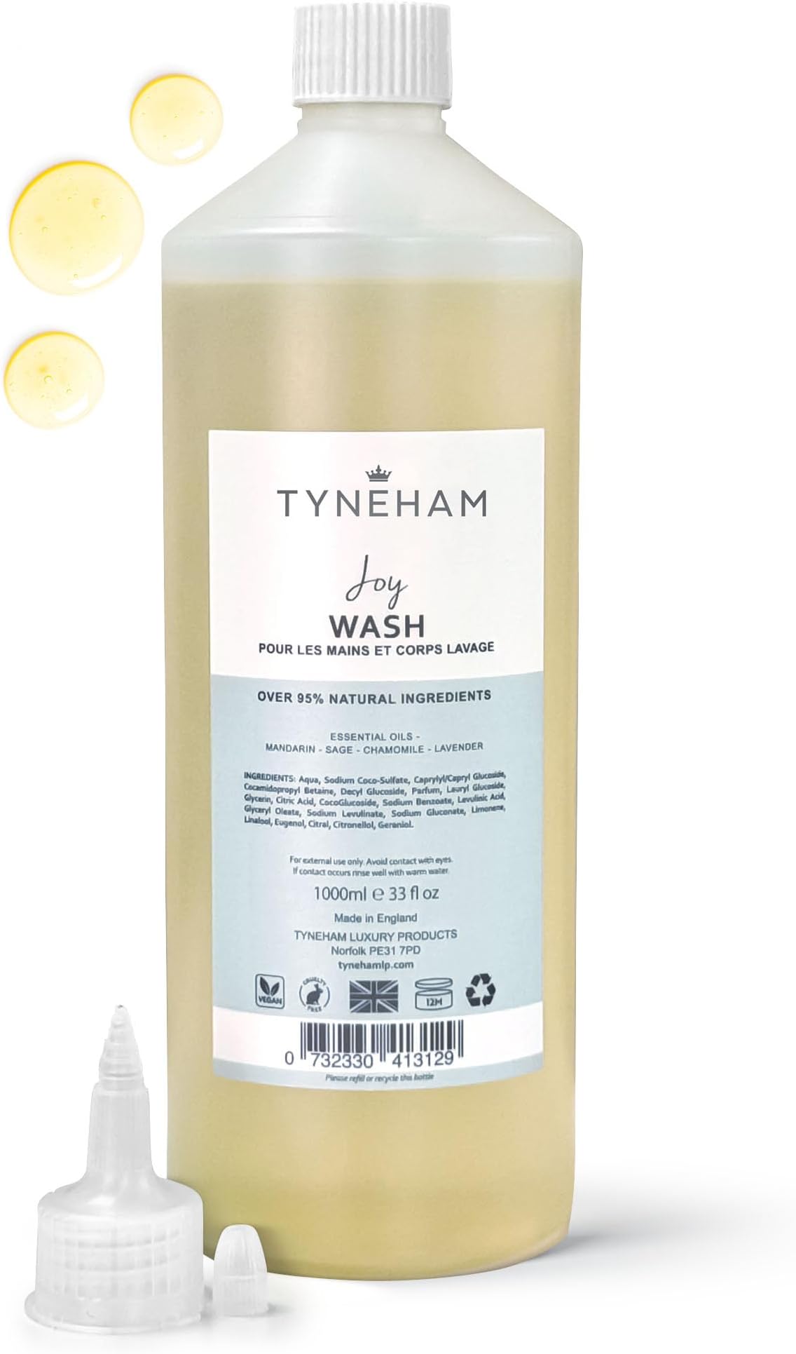 Joy Hand and Body Wash 1000ml Refill Bottle – Natural Moisturising Handwash for Men & Women, Hydrating Vegan Body Wash, Cruelty-Free Shower Liquid Soap, Bathroom Soap for Women Made in England