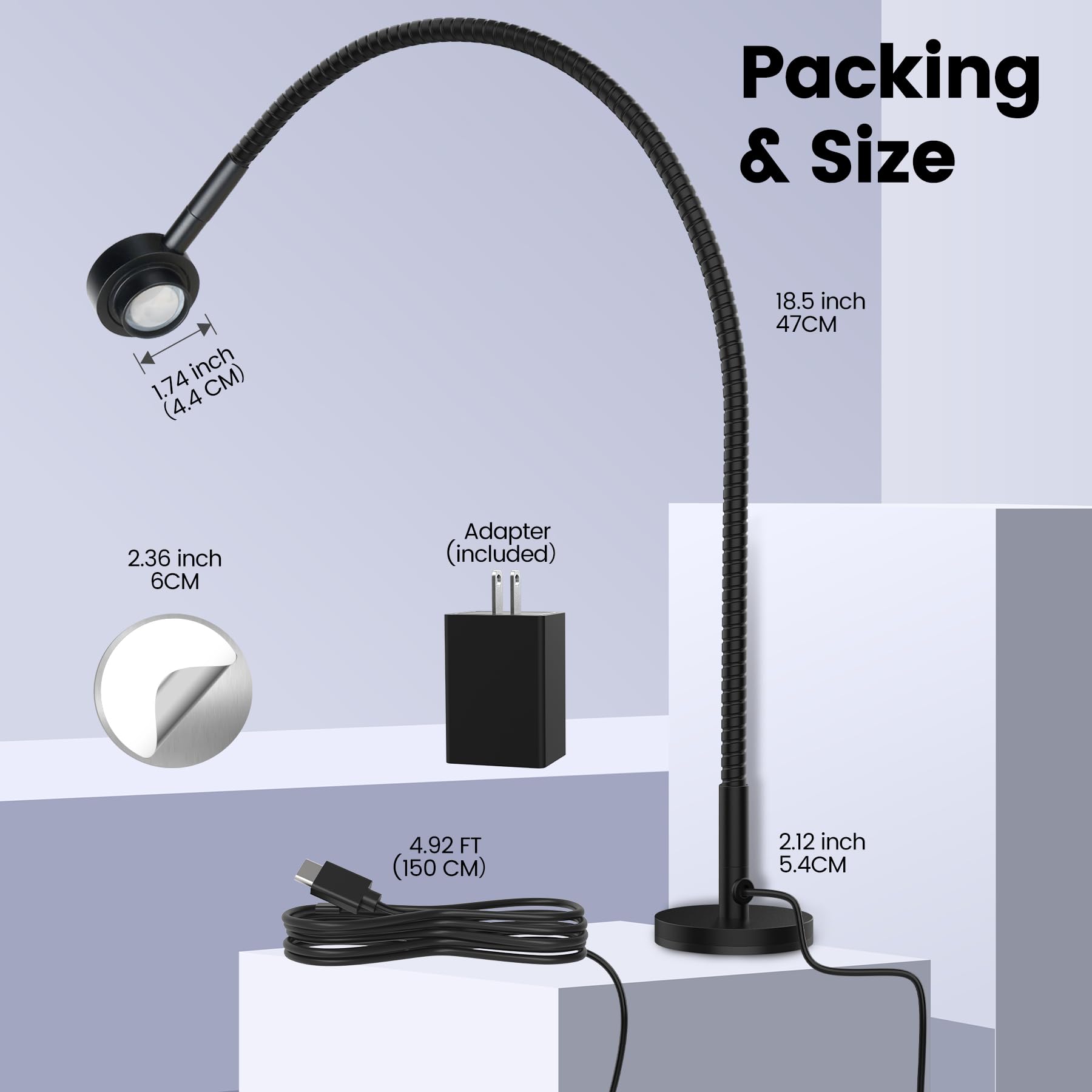 Luz de lectura flexible magnética, 3 colores de luz regulables, cuello de cisne, luz LED para lectura, trabajo, estudio, manualidades, regalos para amantes de los libros, adaptador USB-C CRI95