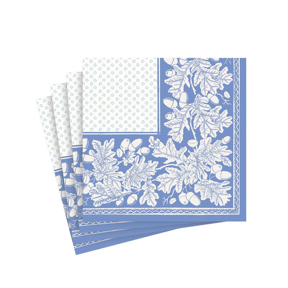 Oak Leaves & Acorns Paper Linen Cocktail Napkins in French Blue & White - 15 Per Package