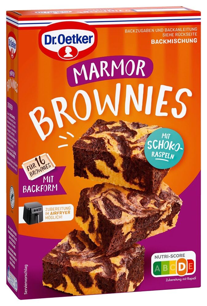 Dr. Oetker Brownies Marmor, 8 x 450 g, Backmischung für marmorierten Rührteig, zum Zubereiten von 16 individuell marmorierten Brownies, inkl. praktischer Backform