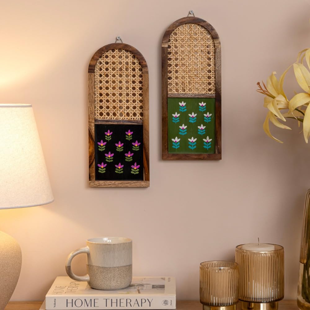 Mirai Woods Arched Wall Decor – Set of 2 | Hand-Painted Sheesham Wood & Rattan Cane Jali Wall Hanging | Traditional Floral Art with High-Gloss Epoxy Finish | Decorative Jharokha for Home, Office & Living Room