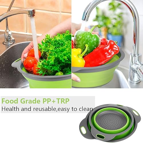 Miniatura 6 de Coladores plegables con asas con asas extensibles, perfectos para drenar pasta, verduras, frutas, 2 unidades (azul) zoopod (verde)
