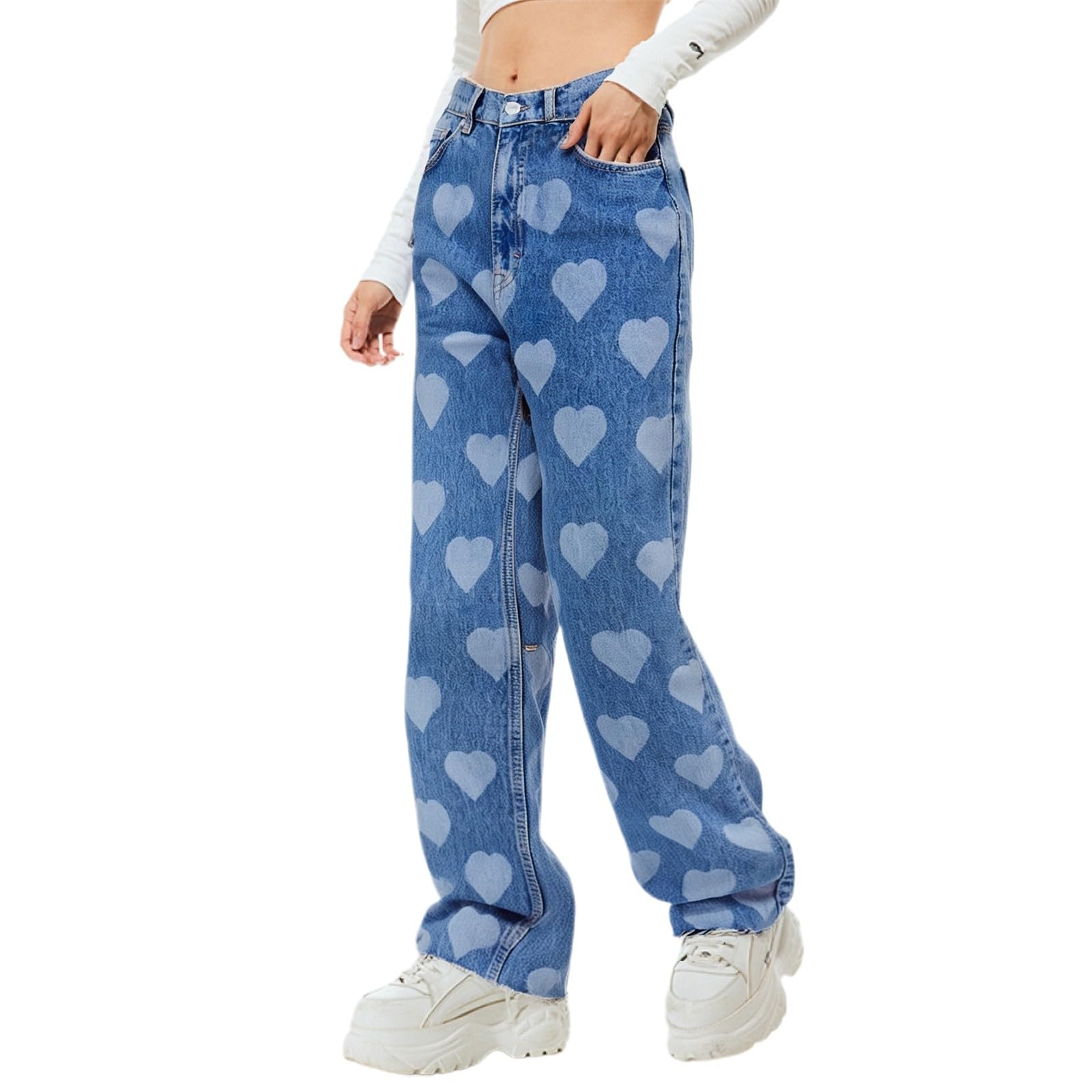 White Jeans Women - Ladies Summer Trousers Women's High Waist Slimming Flare Heart Print Wide Leg Jeans