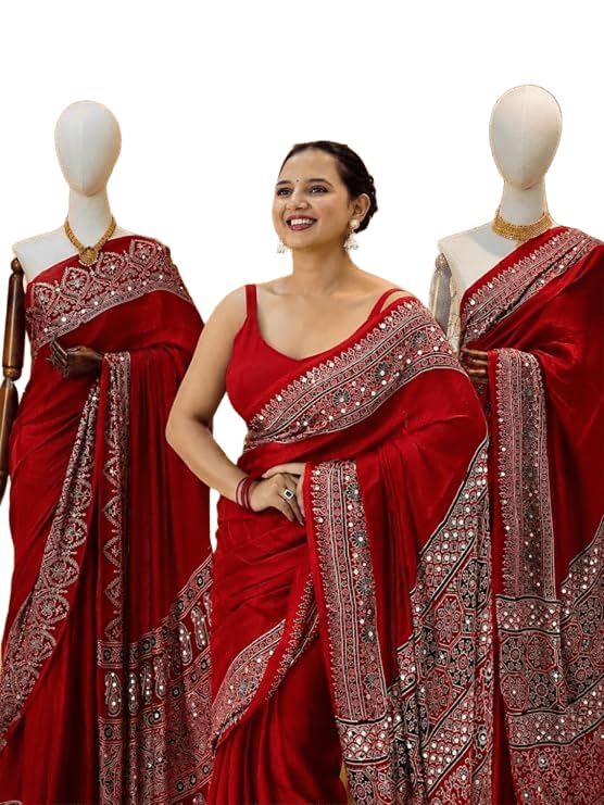 Image of Women's Chinon Silk Saree with Printed Design, Mirror Work & Zari Woven Detailing | Ethnic Wear Saree with Unstitched Blouse Piece | Traditional Festive & WeddingWear
