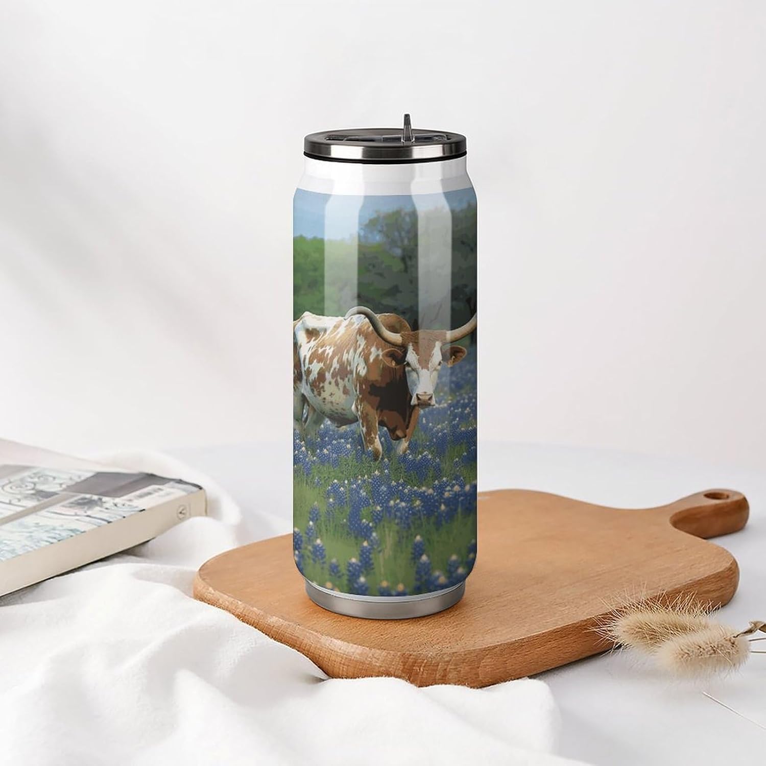 Stainless Steel Cups Bluebonnet Longhorn Printed Coke Cup Stainless Steel Insulated Cups with Lid And Straw