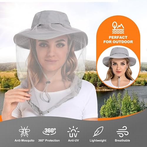 Mosquito Net Hat - Bug Cap UPF 50+ Sun Protection with Hidden Netting Outdoors for Women and Men Grey
