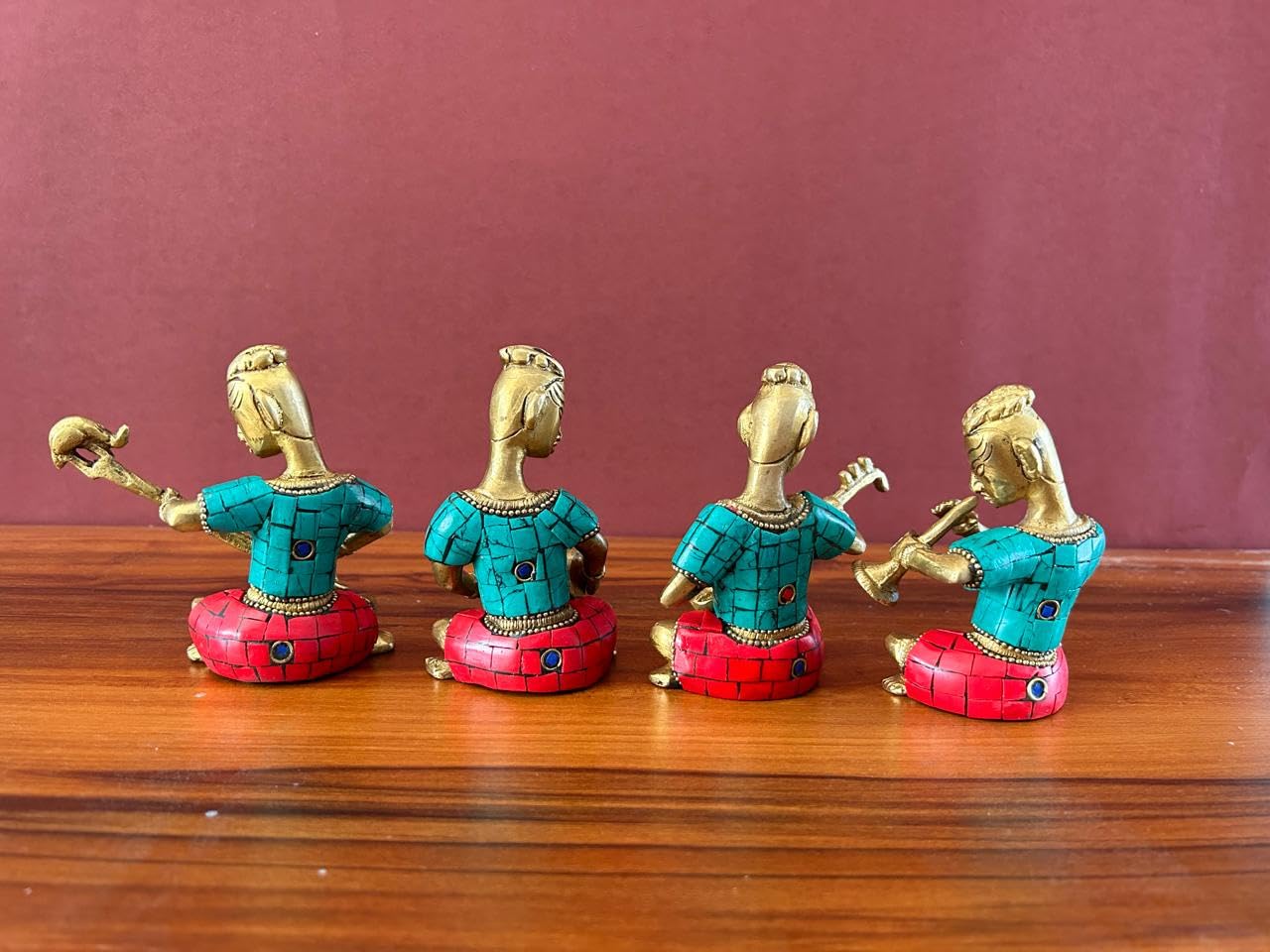 Joyful - Set musicale in ottone con lavorazione in pietra, 4 pezzi, collezione di idoli musicisti per matrimonio, regalo di nozze, set musicista in ottone, 11,4 cm, decorazione per la casa