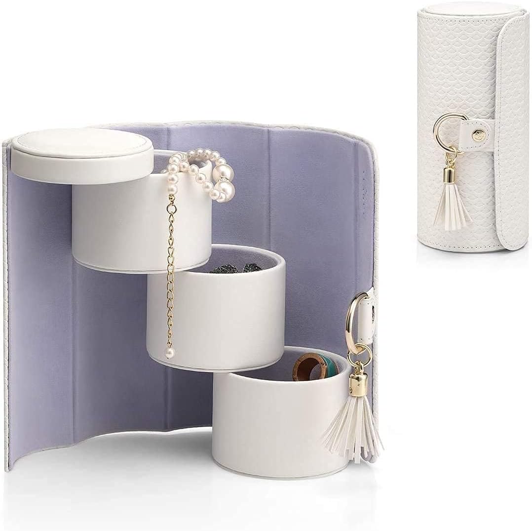 Travel Jewellery Box, Jewellery Organiser for Rings, Earring, Necklaces, Gift for Women (White)
