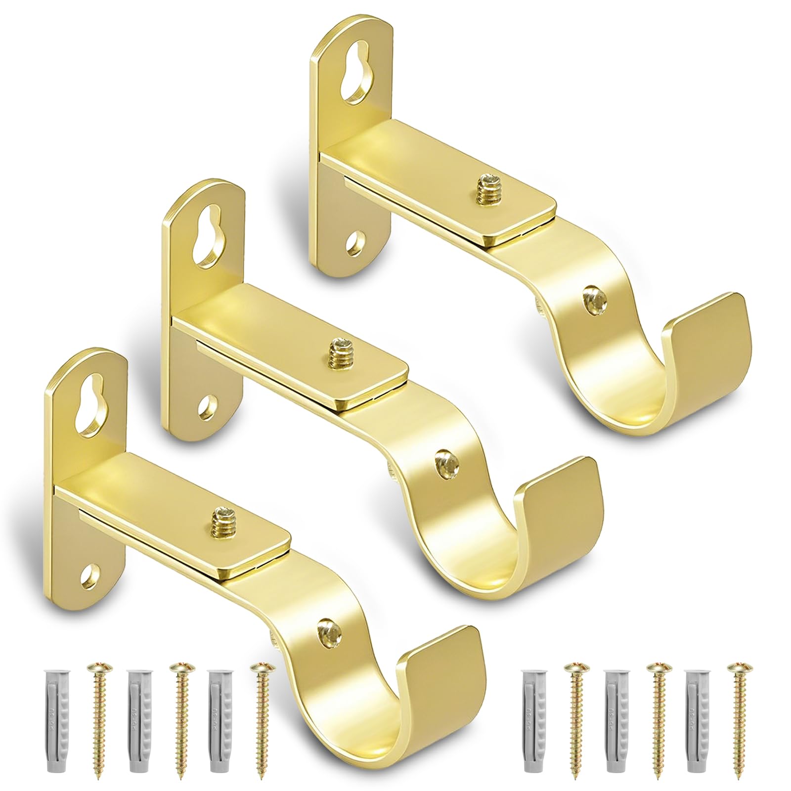 AMZSEVEN Adjustable Curtain Rod Brackets, Metal Window Drapery Rod Hanger Holders Hooks for 1 inch Rods (Warm Gold, Set of 3)