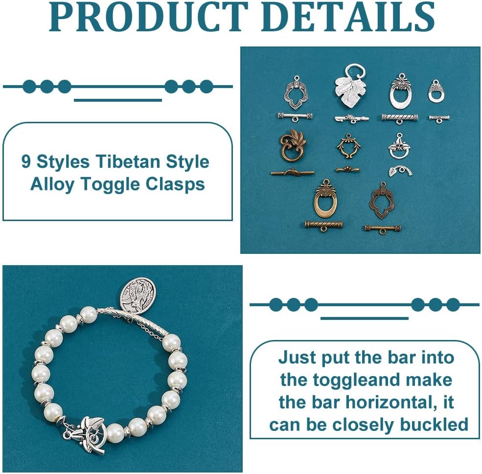 PH PandaHall 54 Sets 9 Styles Toggle Clasps, Tibetan Jewelry Toggle Clasp Flower Oval Leaf Alloy Clasp Jewelry Clasps and Closures for Necklace Bracelet Jewelry Making, Antique Silver/Bronze