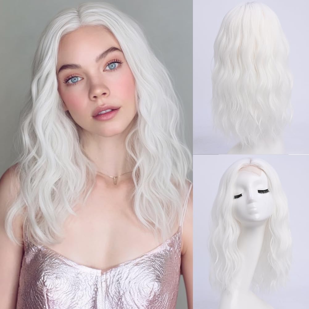 YaissmyLu Medium Length Light White Wavy Wigs for Women 18 Inch Middle Part Wavy White Wig Natural Looking Synthetic Heat Resistant Fiber Wig for Daily Party Use (18 inch)