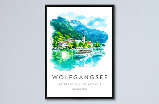 VUVUKU Wolfgangsee Watercolor Poster Wall Art Decor Print for Home and Travel Lovers Austrian Lake Scene Artwork Austria Souvenir Gift