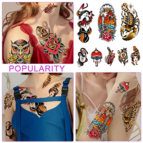 77 Sheets Classic Temporary Tattoos Old School Vintage Colorful Realistic Half Arm Fake Tattoo Stickers Flower Butterfly Snake Owl Shark For Men Women And Kids Tattoos #TOP3