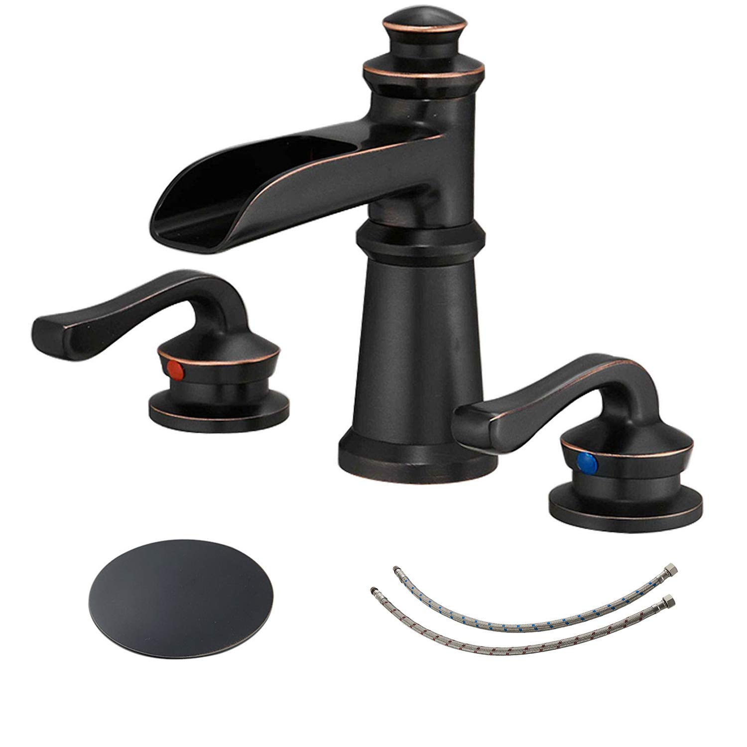 Sxithgkdw Oil Rubbed Bronze Waterfall Widespread Bathroom Faucet 3 Hole Sink Farmhouse With Bath Bathtub Faucets Pop Up Drain Stopper Assembly And Supply Line 8-16 Inch 2 Handle Vanity Lavatory