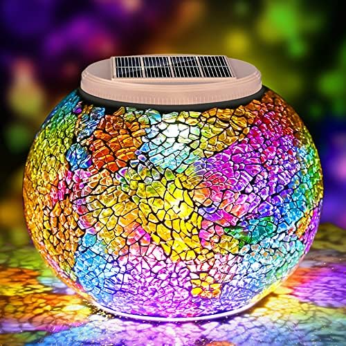 kiosbibi Color Changing Mosaic Solar Light, Waterproof Crystal Glass Globe Ball Table Light, LED Night Light for Patio Garden Party Yard Outdoor Indoor Decorations