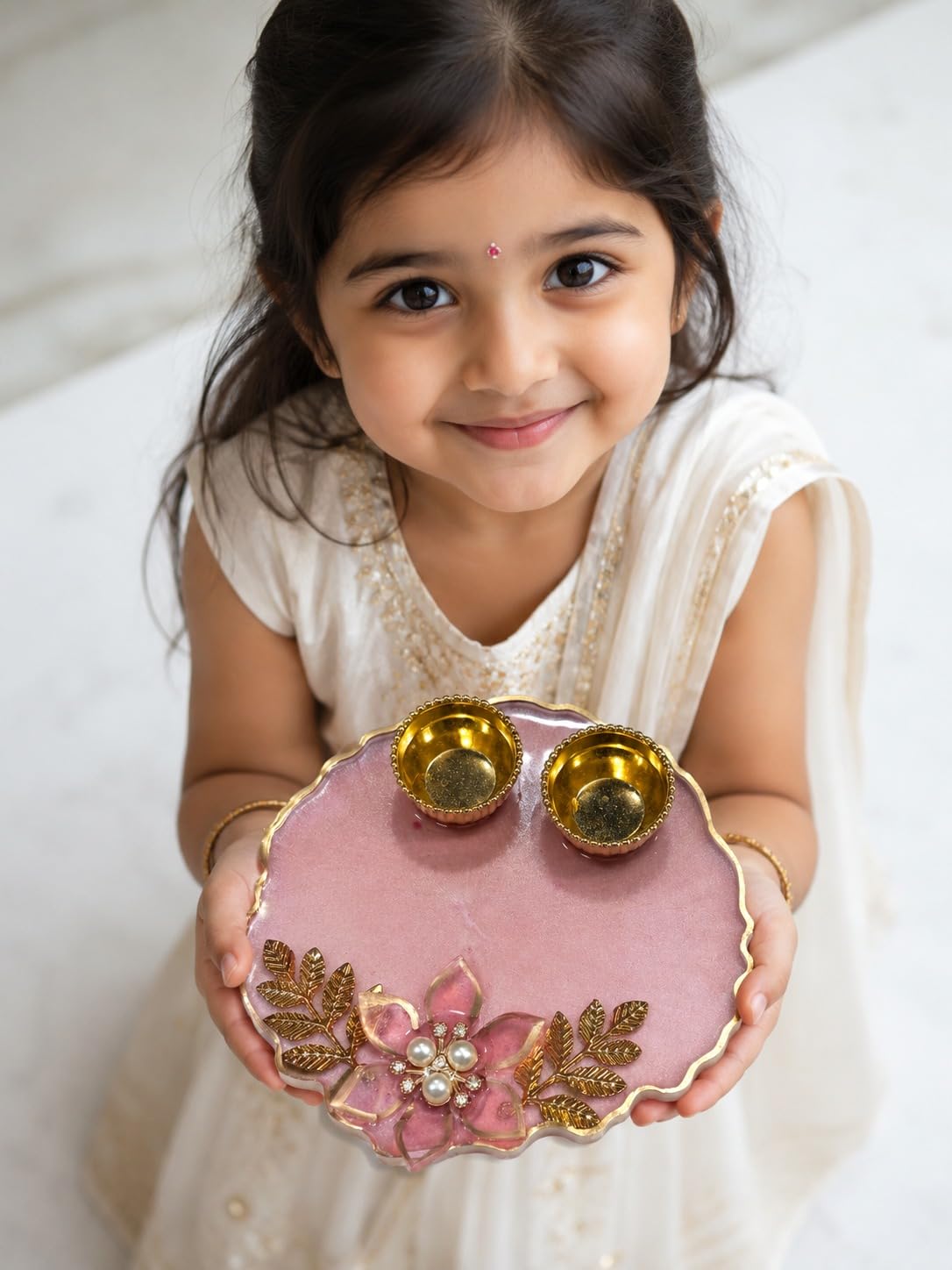 Handmade Decorative Pooja Thali with 2 Diyas for Raksha Bandhan, Bhai Dooj, Karwa Chauth, Diwali, Festive Decor, Resin Floral Design Return Gift Plate for Puja & Ceremony-image-6